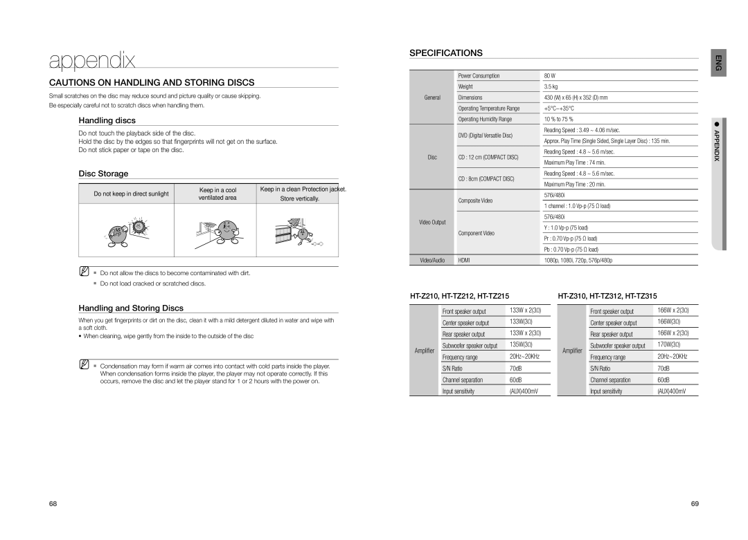 Samsung HT-TZ212, HT-TZ215, HT-TZ315 Appendix, Specifications, Handling discs, Disc Storage, Handling and Storing Discs 