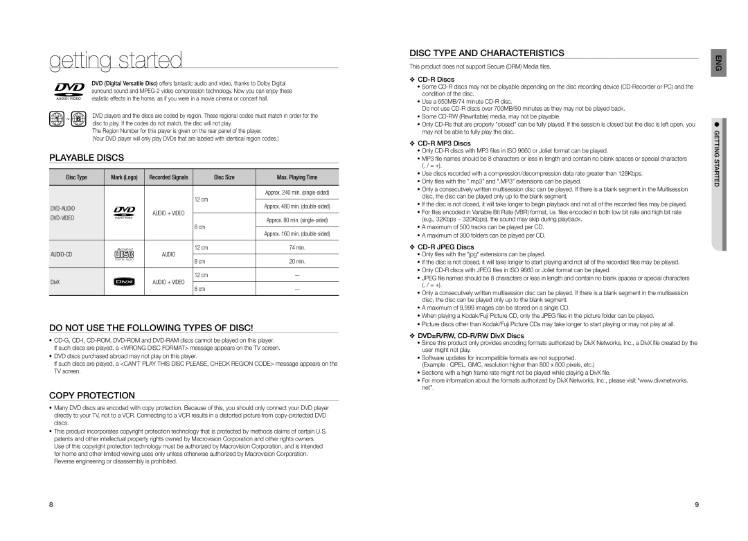 Samsung HT-TZ212 Playable Discs, Do not USE the Following Types of Disc, Copy Protection, Disc Type and Characteristics 