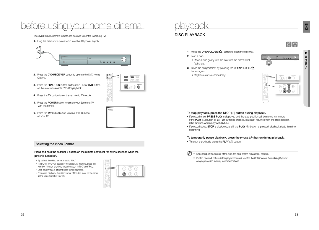 Samsung HT-TZ212, HT-TZ215, HT-TZ315 before using your home cinema, playback, Disc Playback, Selecting the Video Format 