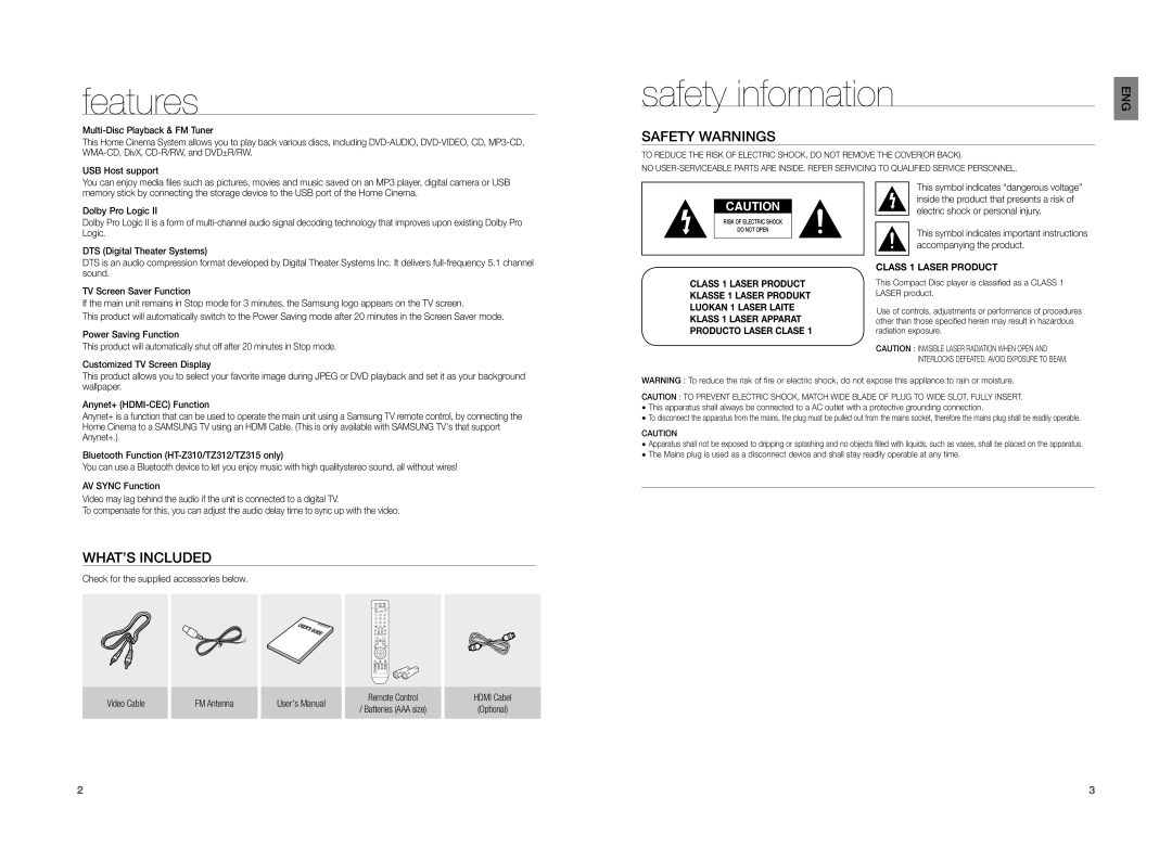 Samsung HT-TZ212, HT-TZ215, HT-TZ315 features, safety information, Safety Warnings, What’S Included, CLASS 1 LASER PRODUCT 