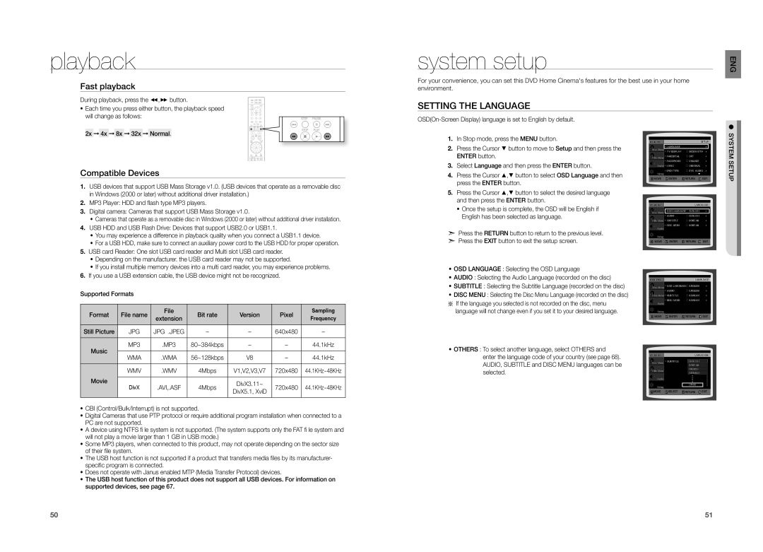 Samsung HT-TZ212, HT-TZ215, HT-TZ315 user manual system setup, Setting The Language, Fast playback, Compatible Devices 