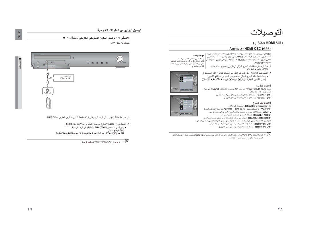 Samsung HT-TZ315T/UMG, HT-TZ215M/MEA ﺔﻴﺟﺭﺎﺨﻟﺍ ﺕﺎﻧﻮﻜﻤﻟﺍ ﻦﻣ ﻮﻳﺩﻭﻷﺍ ﻞﻴﺻﻮﺗ, MP3 ﻞّﻐﺸﻣ / ﻲﺟﺭﺎﺨﻟﺍ ﻲﺟﻮﻟﺎﻧﻷﺍ ﻥﻮﻜﻤﻟﺍ ﻞﻴﺻﻮﺗ 1 ﻲﻓﺎﺿﻹﺍ 