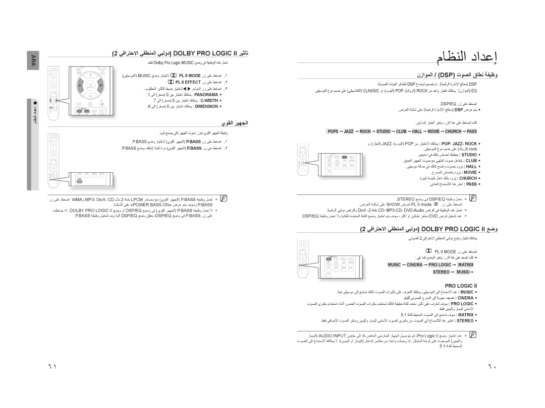 Samsung HT-TZ215M/FMC manual ﻲﻓﺍﺮﺘﺣﻻﺍ ﻲﻘﻄﻨﻤﻟﺍ ﻲﺒﻟﻭﺩ Dolby PRO Logic II ﺮﻴﺛﺄﺗ, ﻱﻮﻘﻟﺍ ﺮﻴﻬﺠﻟﺍ, ﻥﺯﺍﻮﻤﻟﺍ / Dsp ﺕﻮﺼﻟﺍ ﻕﺎﻄﻧ ﺔﻔﻴﻇﻭ 