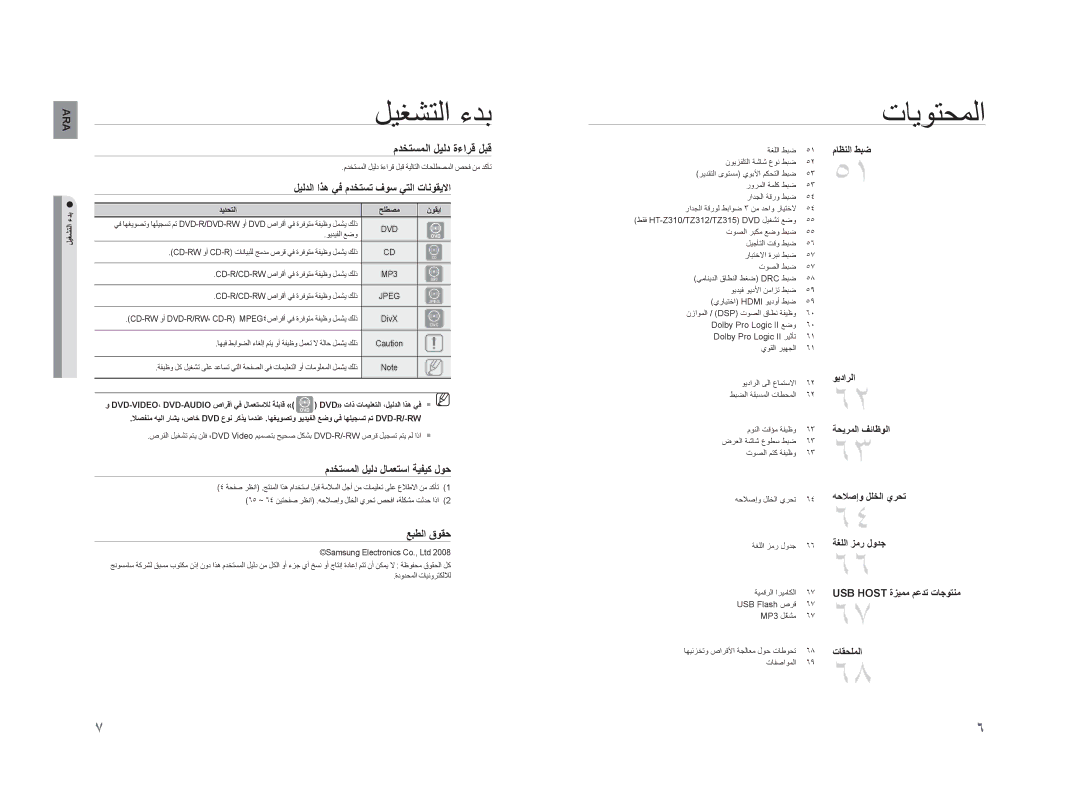 Samsung HT-TZ315T/UMG manual ﻞﻴﻐﺸﺘﻟﺍ ءﺪﺑ, ﻡﺪﺨﺘﺴﻤﻟﺍ ﻞﻴﻟﺩ ﺓءﺍﺮﻗ ﻞﺒﻗ, ﻞﻴﻟﺪﻟﺍ ﺍﺬﻫ ﻲﻓ ﻡﺪﺨﺘﺴﺗ ﻑﻮﺳ ﻲﺘﻟﺍ ﺕﺎﻧﻮﻘﻳﻻﺍ, ﻊﺒﻄﻟﺍ ﻕﻮﻘﺣ 