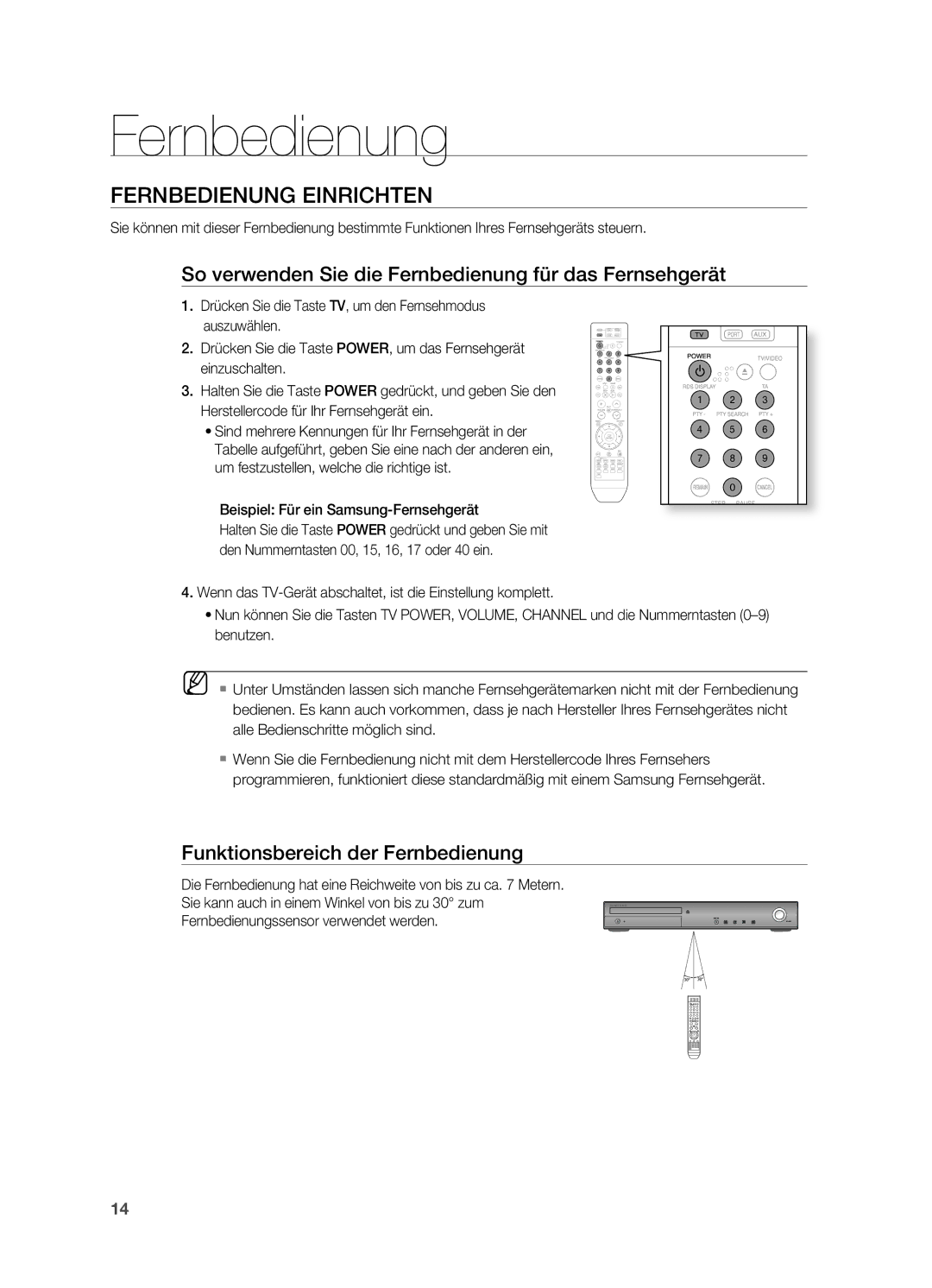 Samsung HT-Z310R/XEF, HT-TZ215T/ADL manual Fernbedienung Einrichten, So verwenden Sie die Fernbedienung für das Fernsehgerät 