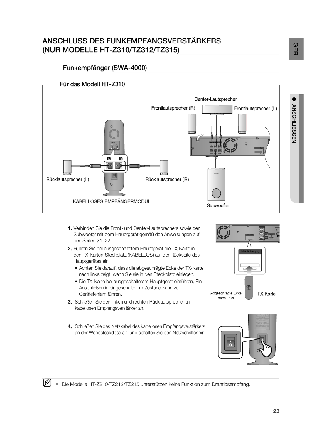 Samsung HT-Z310R/XEF manual Anschluss DES Funkempfangsverstärkers, Nur Modelle HT-Z310/TZ312/TZ315, Funkempfänger SWA-4000 