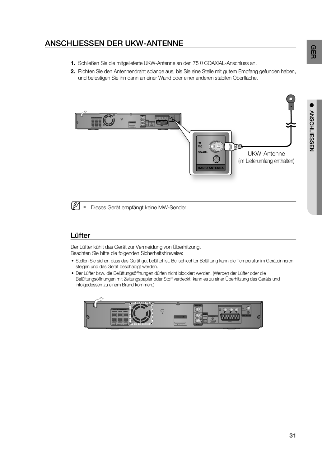 Samsung HT-TZ212R/XEF, HT-TZ215T/ADL manual Anschliessen DER UKW-ANTENNE, Lüfter, UKW-Antenne Im Lieferumfang enthalten 