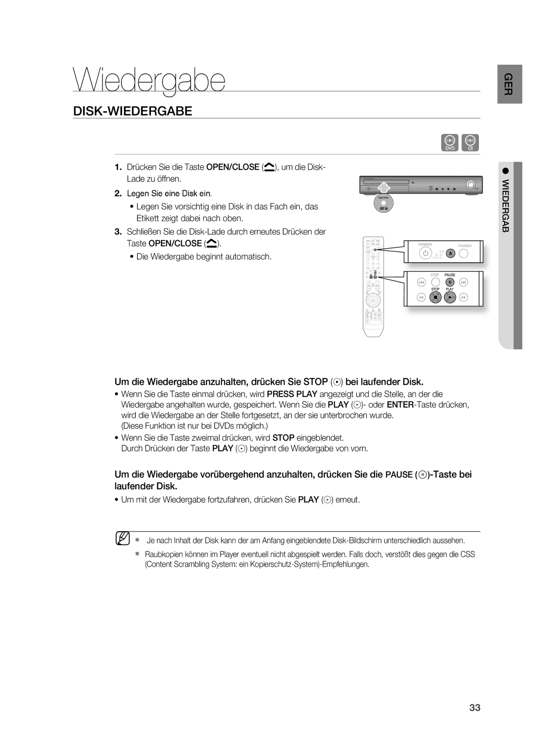 Samsung HT-Z210R/XEF, HT-TZ215T/ADL, HT-TZ212R/EDC manual Disk-Wiedergabe, Diese Funktion ist nur bei DVDs möglich 