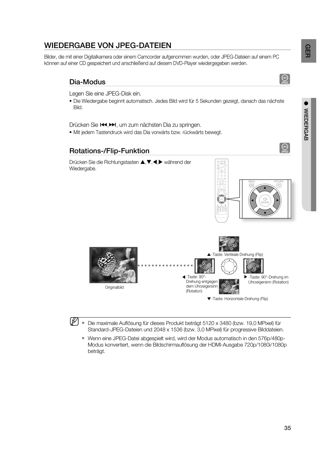 Samsung HT-TZ215T/ADL manual Wiedergabe VoN JPEG-DATEIEN, Dia-Modus, Rotations-/Flip-Funktion, Legen Sie eine JPEG-Disk ein 