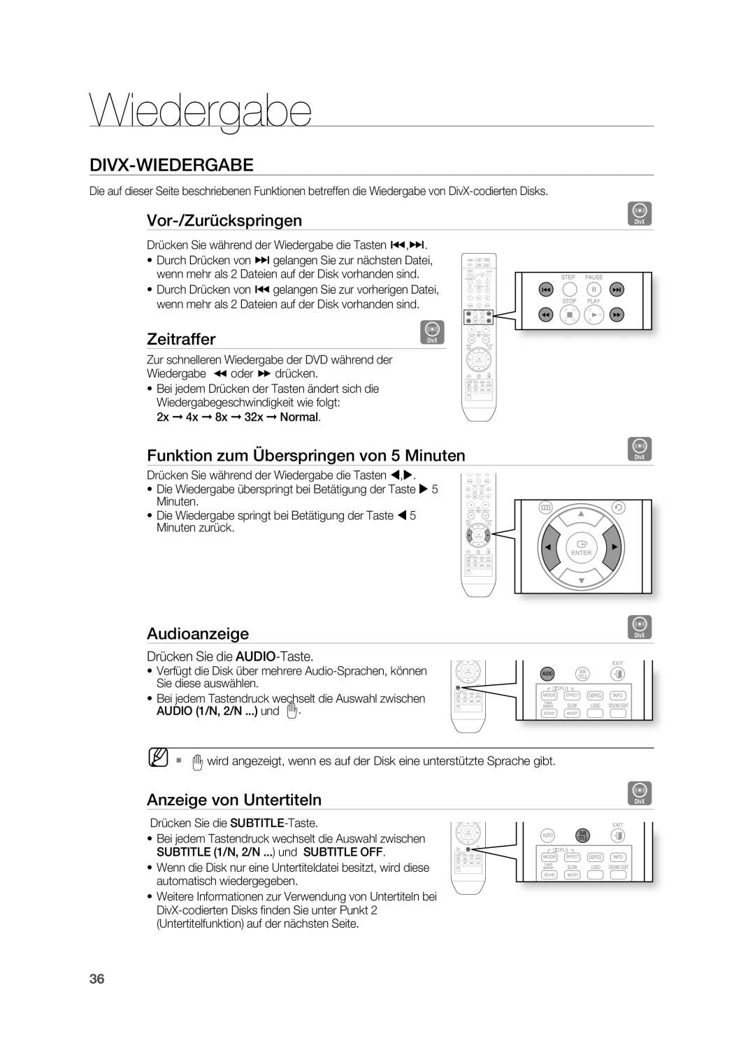 Samsung HT-TZ212R/EDC, HT-TZ215T/ADL, HT-Z310R/EDC, HT-TZ315T/ADL, HT-Z210R/EDC, HT-TZ212R/XEF, HT-Z310R/XEF Divx-Wiedergabe 