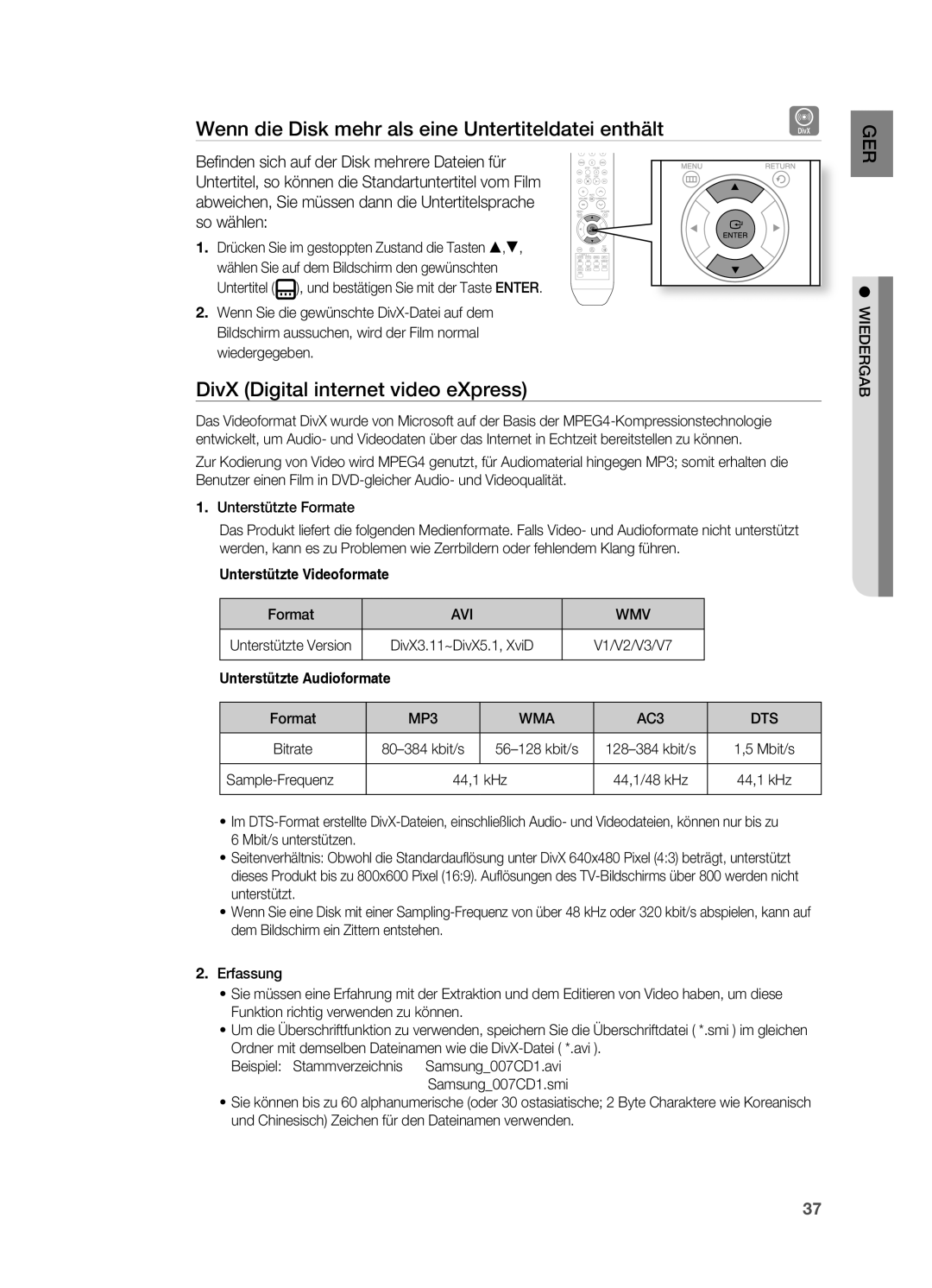 Samsung HT-Z310R/EDC Wenn die Disk mehr als eine Untertiteldatei enthält, DivX Digital internet video eXpress, Avi Wmv 