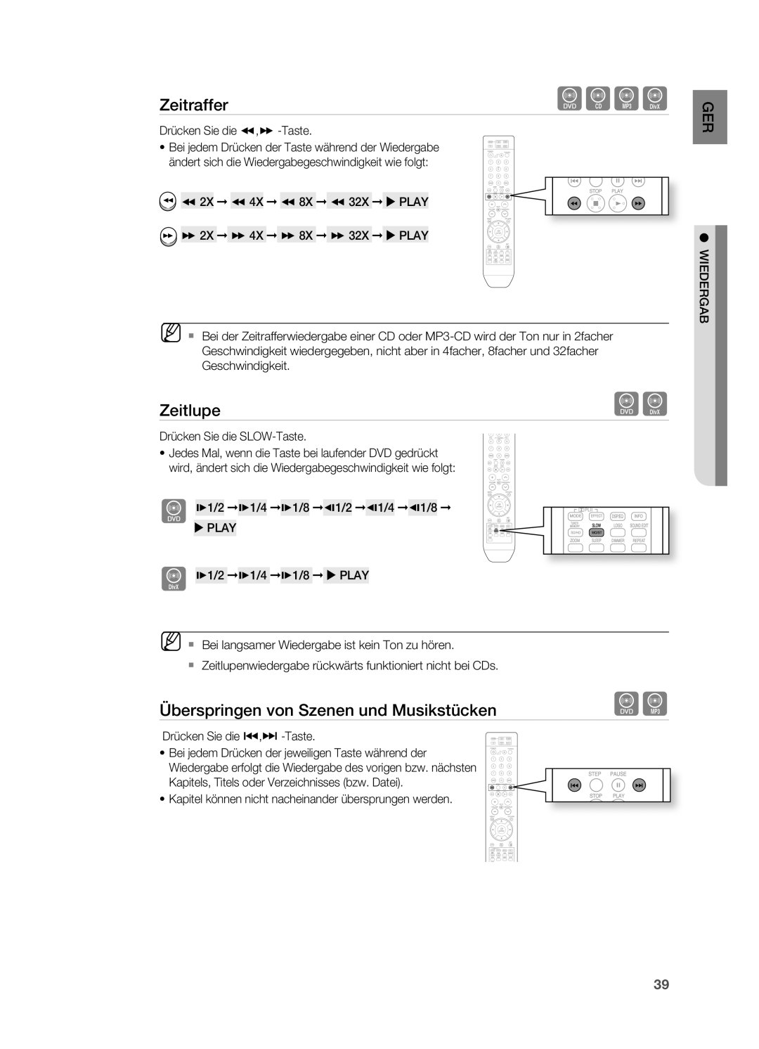 Samsung HT-Z210R/EDC, HT-TZ215T/ADL manual Zeitlupe, Überspringen von Szenen und Musikstücken, Drücken Sie die , -Taste 