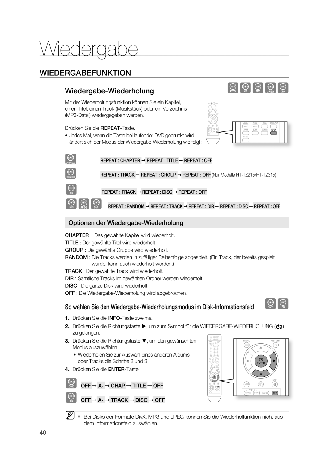 Samsung HT-TZ212R/XEF Wiedergabe-WiederholungdBAGD, Optionen der Wiedergabe-Wiederholung, Drücken Sie die REPEAT-Taste 