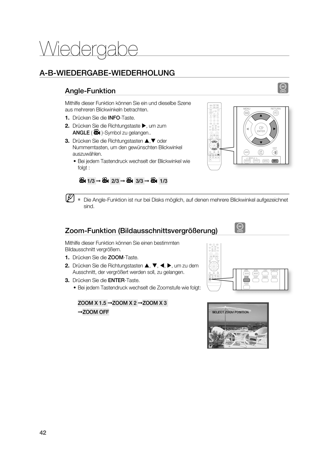 Samsung HT-Z210R/XEF, HT-TZ215T/ADL WIEDERGABE-WIEDERHoLUNG, Angle-Funktion, Zoom-Funktion Bildausschnittsvergrößerung 