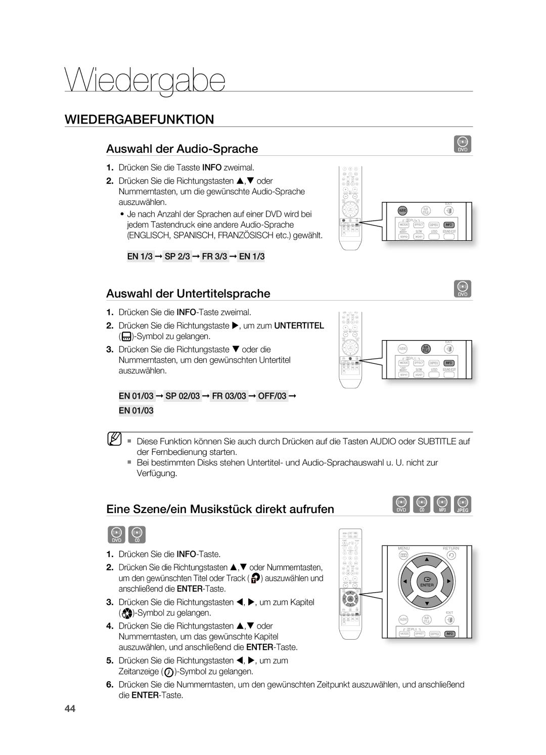 Samsung HT-TZ215T/ADL Auswahl der Audio-Sprache, Auswahl der Untertitelsprache, Eine Szene/ein Musikstück direkt aufrufen 