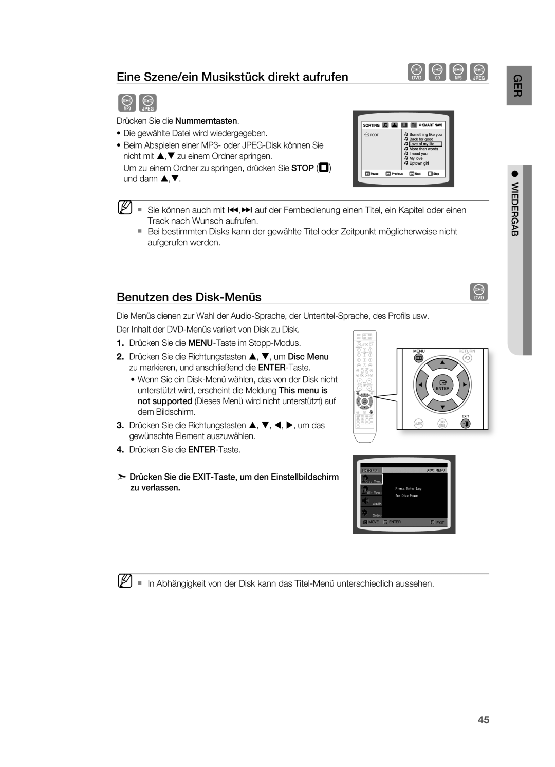 Samsung HT-TZ212R/EDC, HT-TZ215T/ADL, HT-Z310R/EDC, HT-TZ315T/ADL, HT-Z210R/EDC, HT-TZ212R/XEF manual Benutzen des Disk-Menüs 