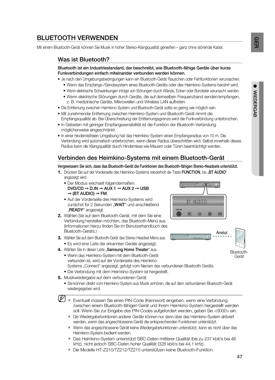 Samsung HT-TZ315T/ADL BLUETooTH Verwenden, Was ist Bluetooth?, Verbinden des Heimkino-Systems mit einem Bluetooth-Gerät 