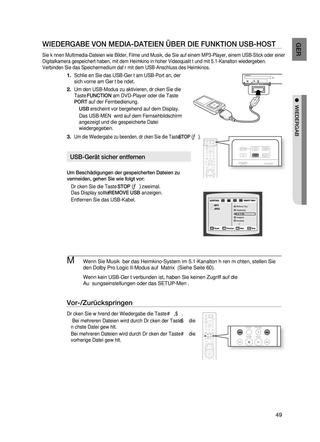 Samsung HT-TZ212R/XEF, HT-TZ215T/ADL Wiedergabe VoN MEDIA-DATEIEN üBER DIE FUNKTIoN USB-HoST, USB-Gerät sicher entfernen 