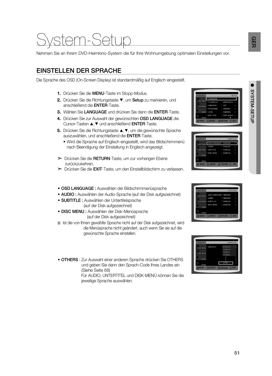 Samsung HT-Z210R/XEF, HT-TZ215T/ADL, HT-TZ212R/EDC, HT-Z310R/EDC, HT-TZ315T/ADL manual System-Setup, Einstellen der Sprache 