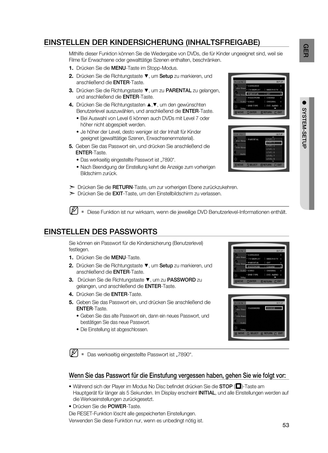 Samsung HT-TZ215T/ADL, HT-TZ212R/EDC, HT-Z310R/EDC Einstellen der Kindersicherung Inhaltsfreigabe, Einstellen des Passworts 