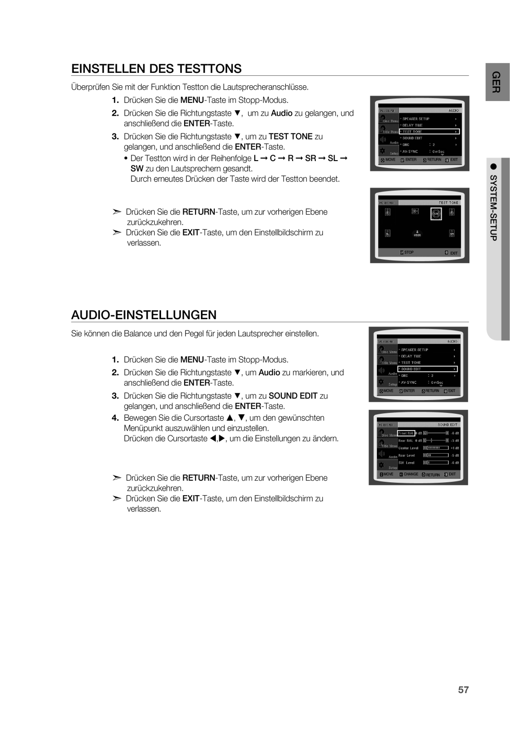 Samsung HT-Z210R/EDC, HT-TZ215T/ADL, HT-TZ212R/EDC, HT-Z310R/EDC, HT-TZ315T/ADL Einstellen des Testtons, Audio-Einstellungen 