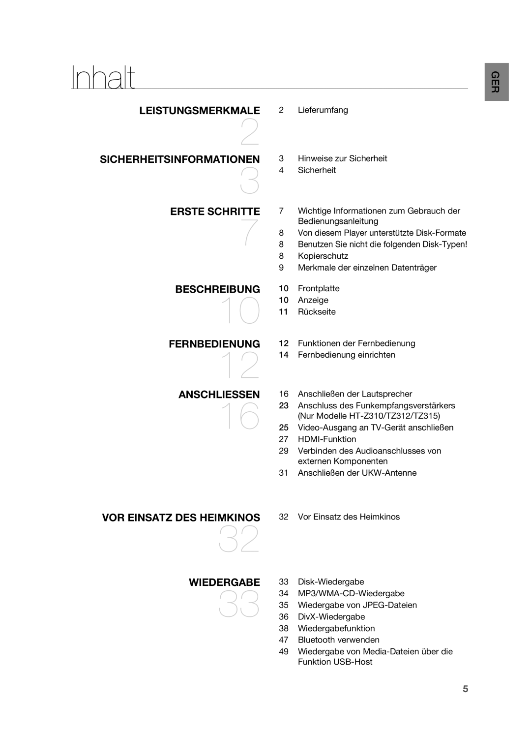 Samsung HT-Z310R/XEF, HT-TZ215T/ADL, HT-TZ212R/EDC, HT-Z310R/EDC, HT-TZ315T/ADL, HT-Z210R/EDC Inhalt, Lieferumfang, Sicherheit 