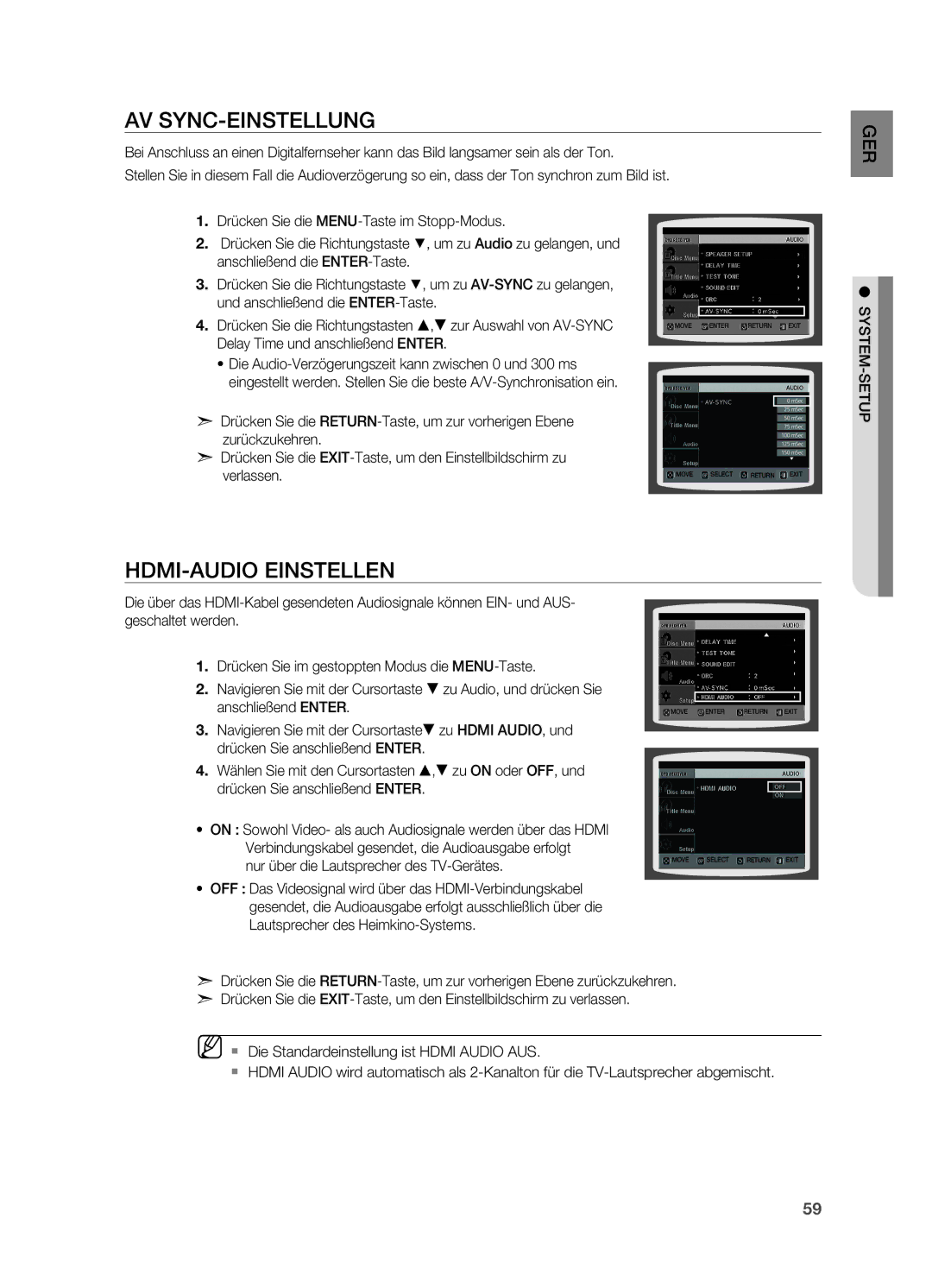 Samsung HT-Z310R/XEF, HT-TZ215T/ADL AV SYNC-Einstellung, HDMI-Audio einstellen, Nur über die Lautsprecher des TV-Gerätes 