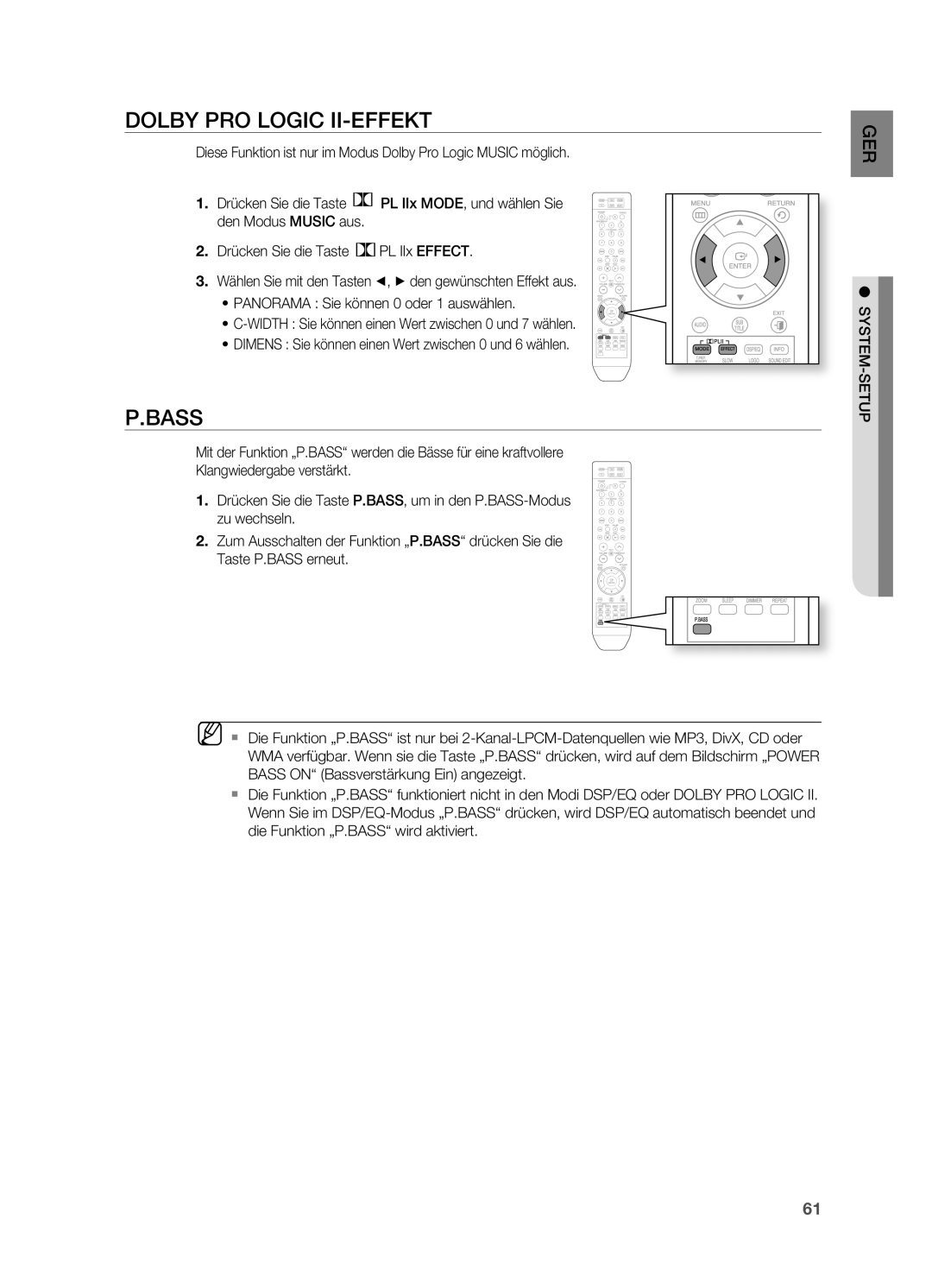 Samsung HT-TZ215R/XEF, HT-TZ215T/ADL, HT-TZ212R/EDC, HT-Z310R/EDC, HT-Z210R/EDC DoLBY PRo LoGIC II-EFFEKT, Bass, System-Setup 