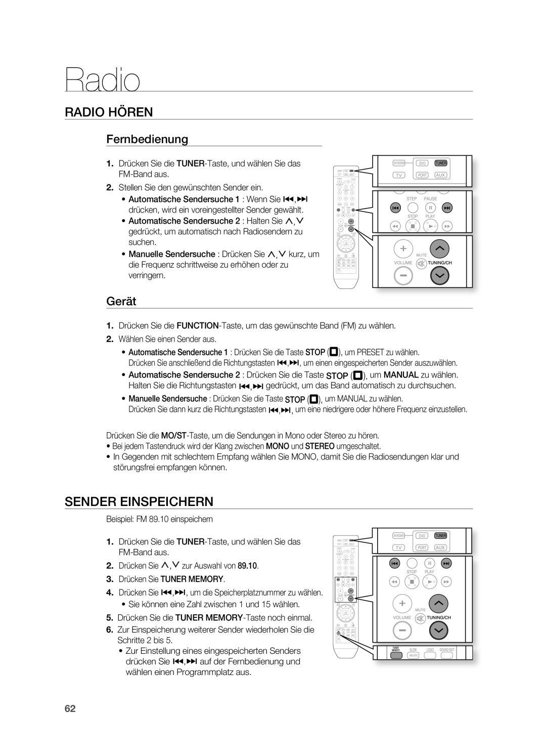 Samsung HT-TZ215T/ADL, HT-TZ212R/EDC, HT-Z310R/EDC manual Radio, RADIo HöREN, Sender Einspeichern, Fernbedienung, Gerät 