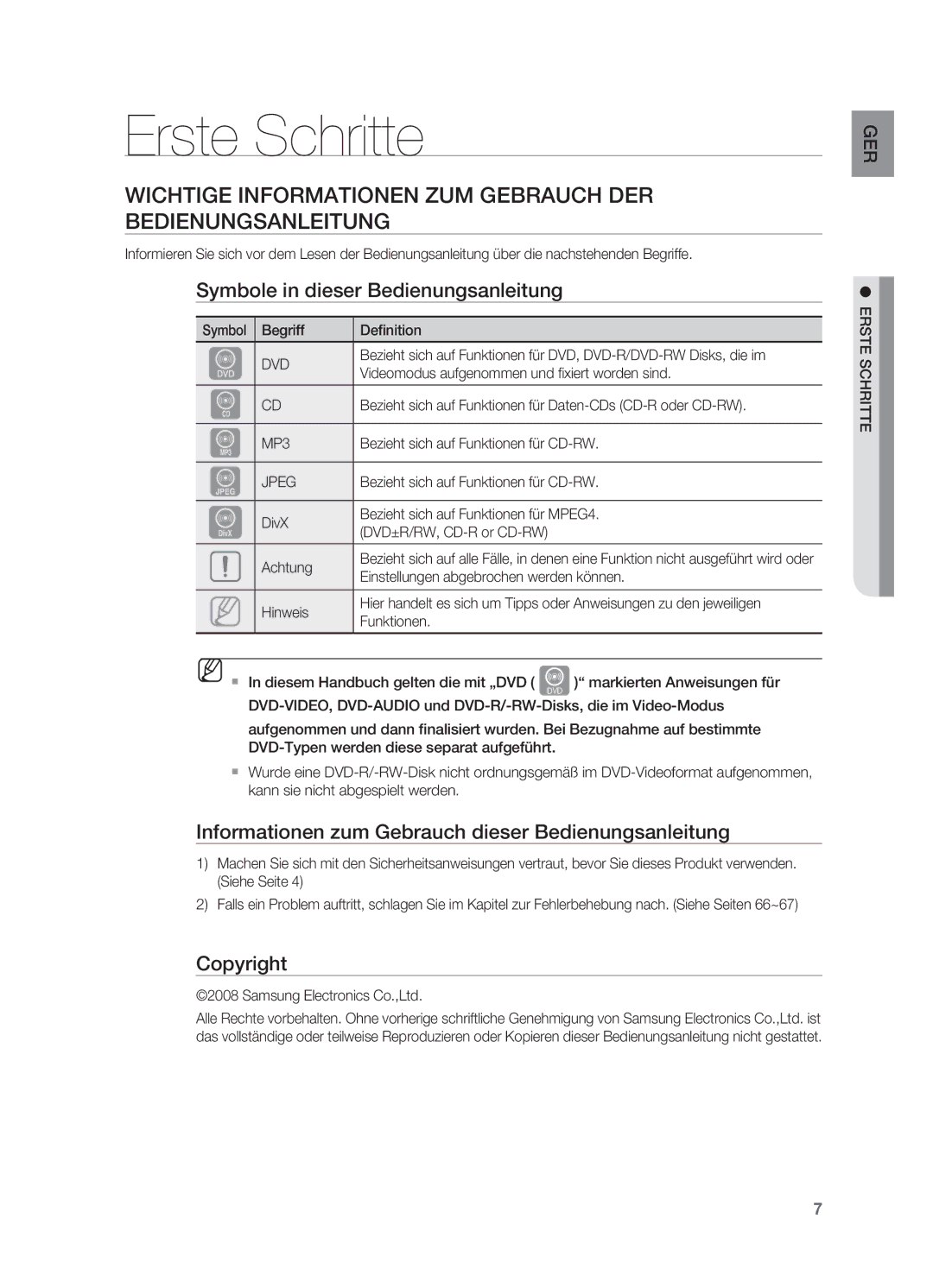 Samsung HT-TZ215R/XEF, HT-Z310R/EDC Erste Schritte, Wichtige Informationen zum Gebrauch der Bedienungsanleitung, Copyright 