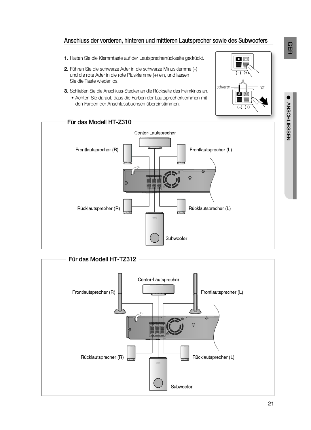 Samsung HT-Z210R/EDC, HT-TZ215T/ADL, HT-TZ212R/EDC, HT-Z310R/EDC manual Für das Modell HT-Z310, Für das Modell HT-TZ312 