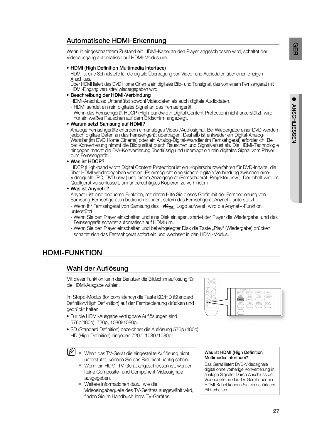 Samsung HT-TZ212R/EDC HDMI-FUNKTIoN, Automatische HDMI-Erkennung, Wahl der Auﬂ ösung, ~ Was ist HDCP?, ~ Was ist Anynet+? 