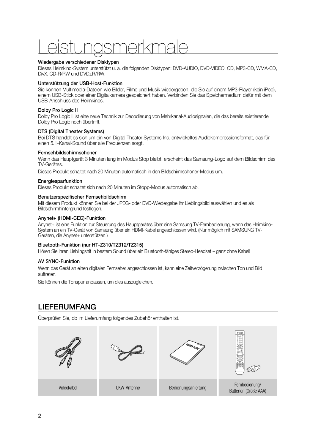 Samsung HT-TZ315T/ADL, HT-TZ215T/ADL, HT-TZ212R/EDC, HT-Z310R/EDC, HT-Z210R/EDC, HT-TZ212R/XEF Leistungsmerkmale, Lieferumfang 