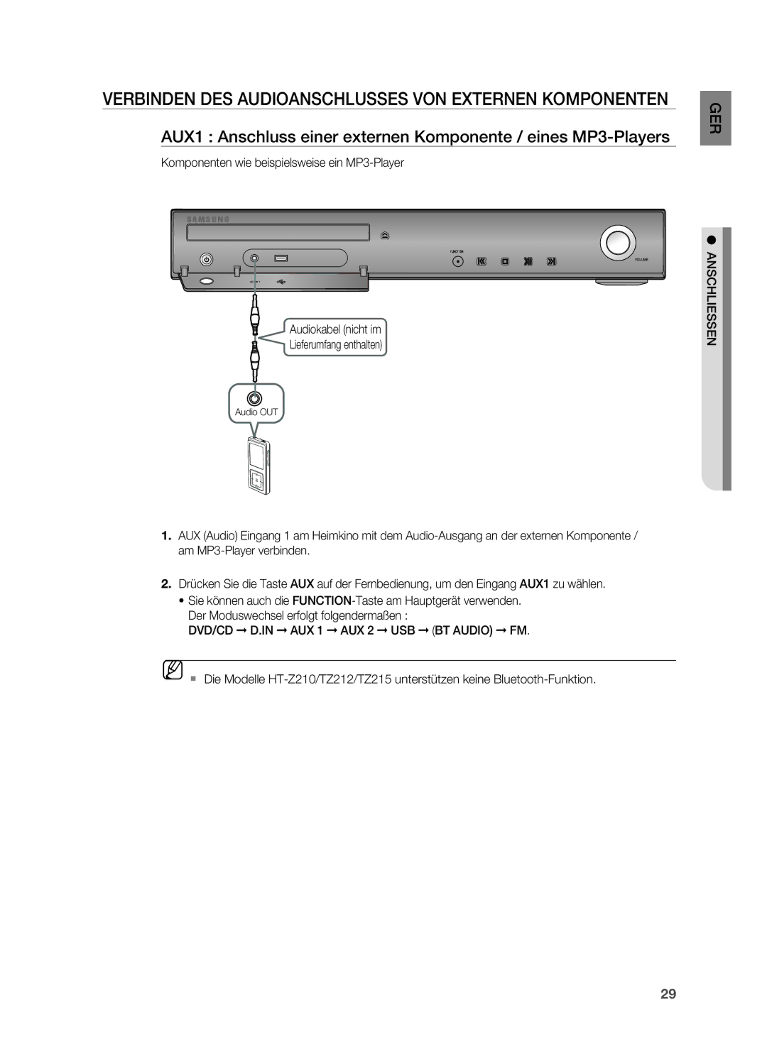 Samsung HT-TZ315T/ADL Verbinden DES AUDIoANSCHLUSSES VoN Externen KoMPoNENTEN, Audiokabel nicht im Lieferumfang enthalten 