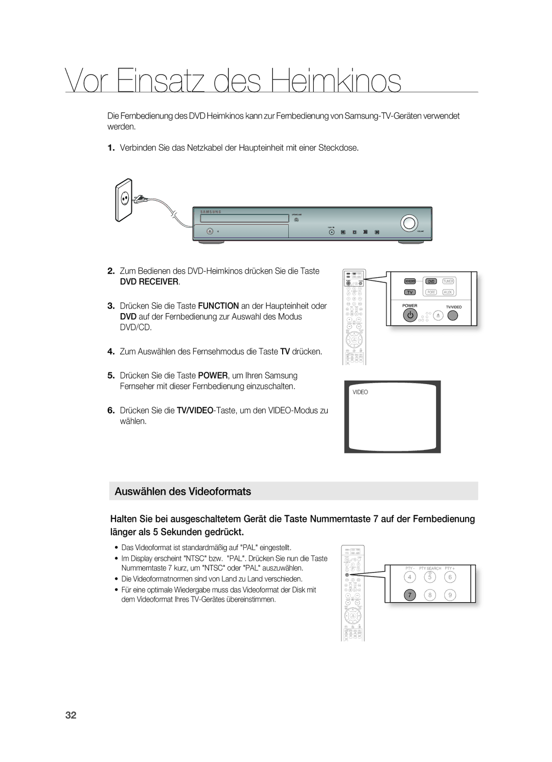 Samsung HT-Z310R/XEF, HT-TZ215T/ADL, HT-TZ212R/EDC manual Vor Einsatz des Heimkinos, Auswählen des Videoformats, DVD Receiver 