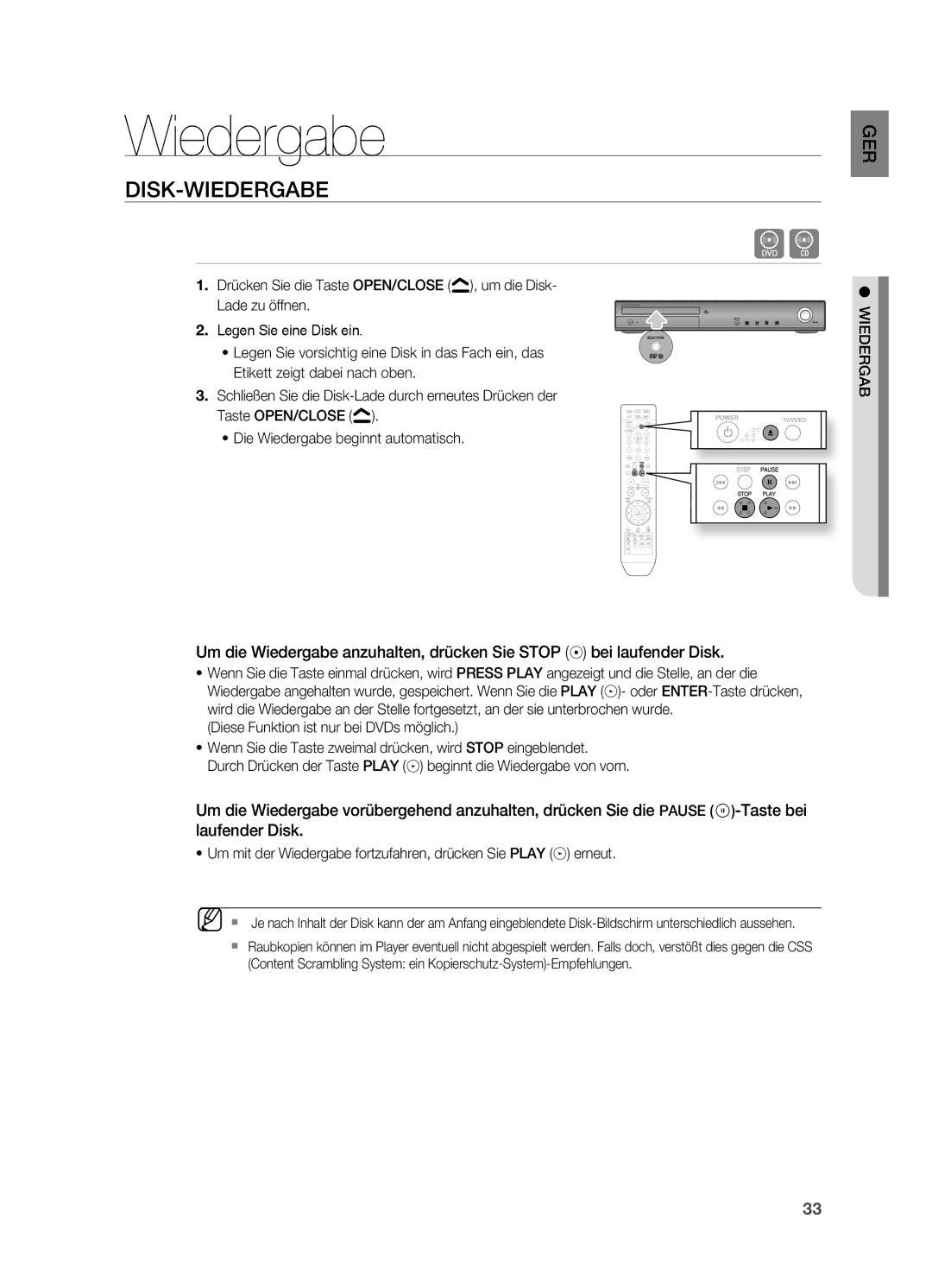 Samsung HT-Z210R/XEF, HT-TZ215T/ADL, HT-TZ212R/EDC manual Disk-Wiedergabe, Diese Funktion ist nur bei DVDs möglich 