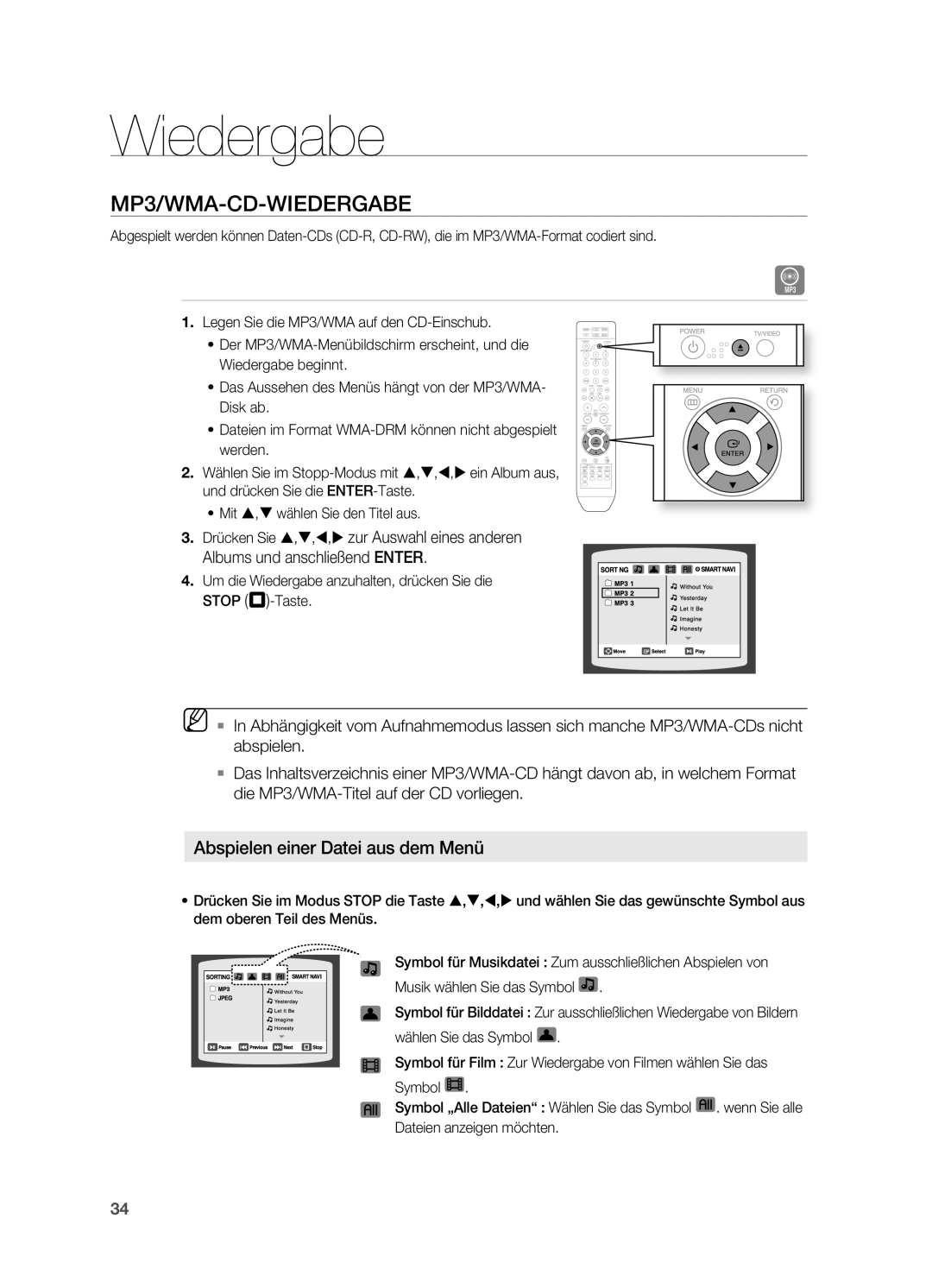 Samsung HT-TZ215R/XEF, HT-TZ215T/ADL, HT-TZ212R/EDC, HT-Z310R/EDC MP3/WMA-CD-WIEDERGABE, Abspielen einer Datei aus dem Menü 