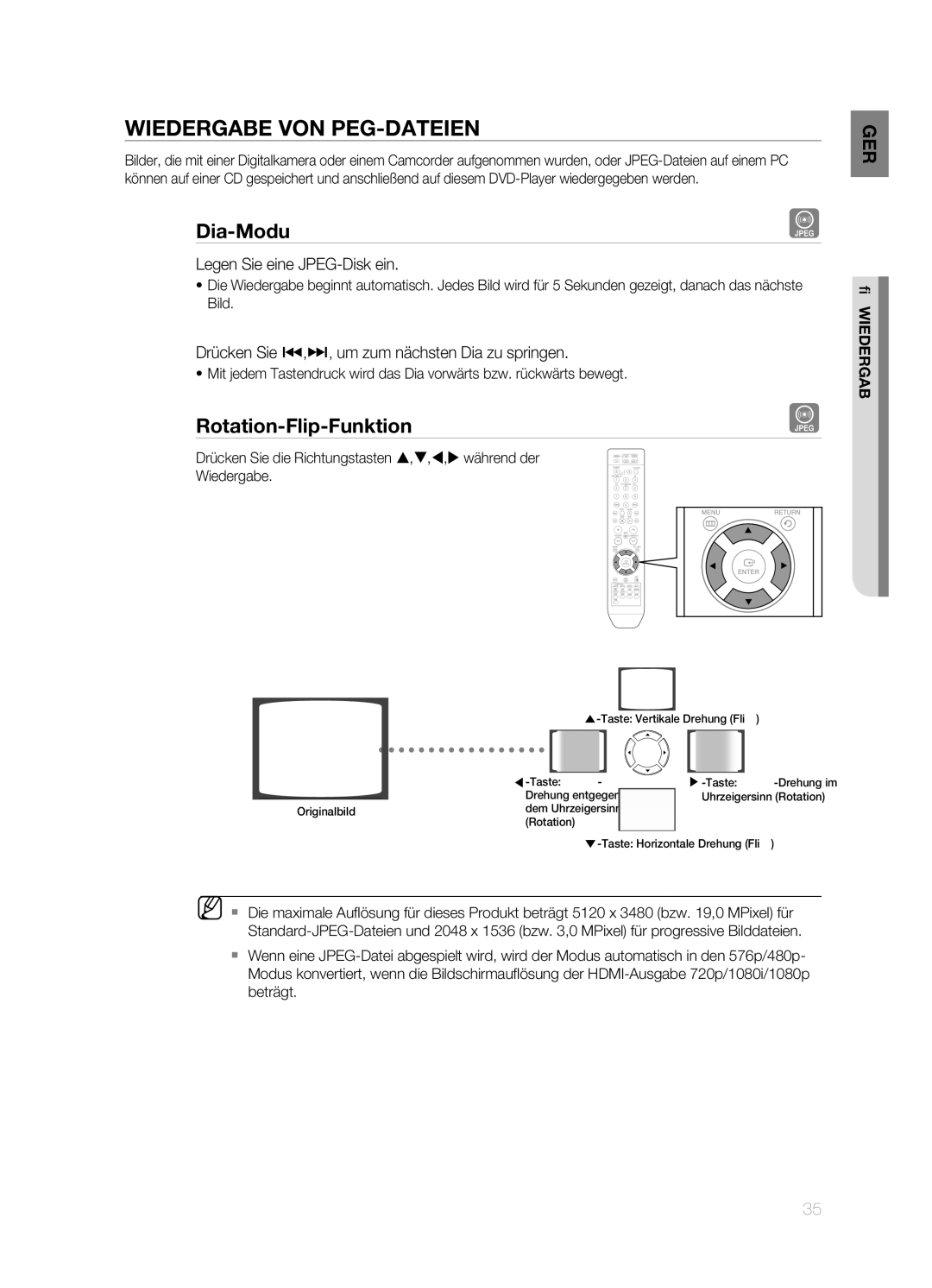 Samsung HT-TZ215T/ADL manual Wiedergabe VoN JPEG-DATEIEN, Dia-Modus, Rotations-/Flip-Funktion, Legen Sie eine JPEG-Disk ein 