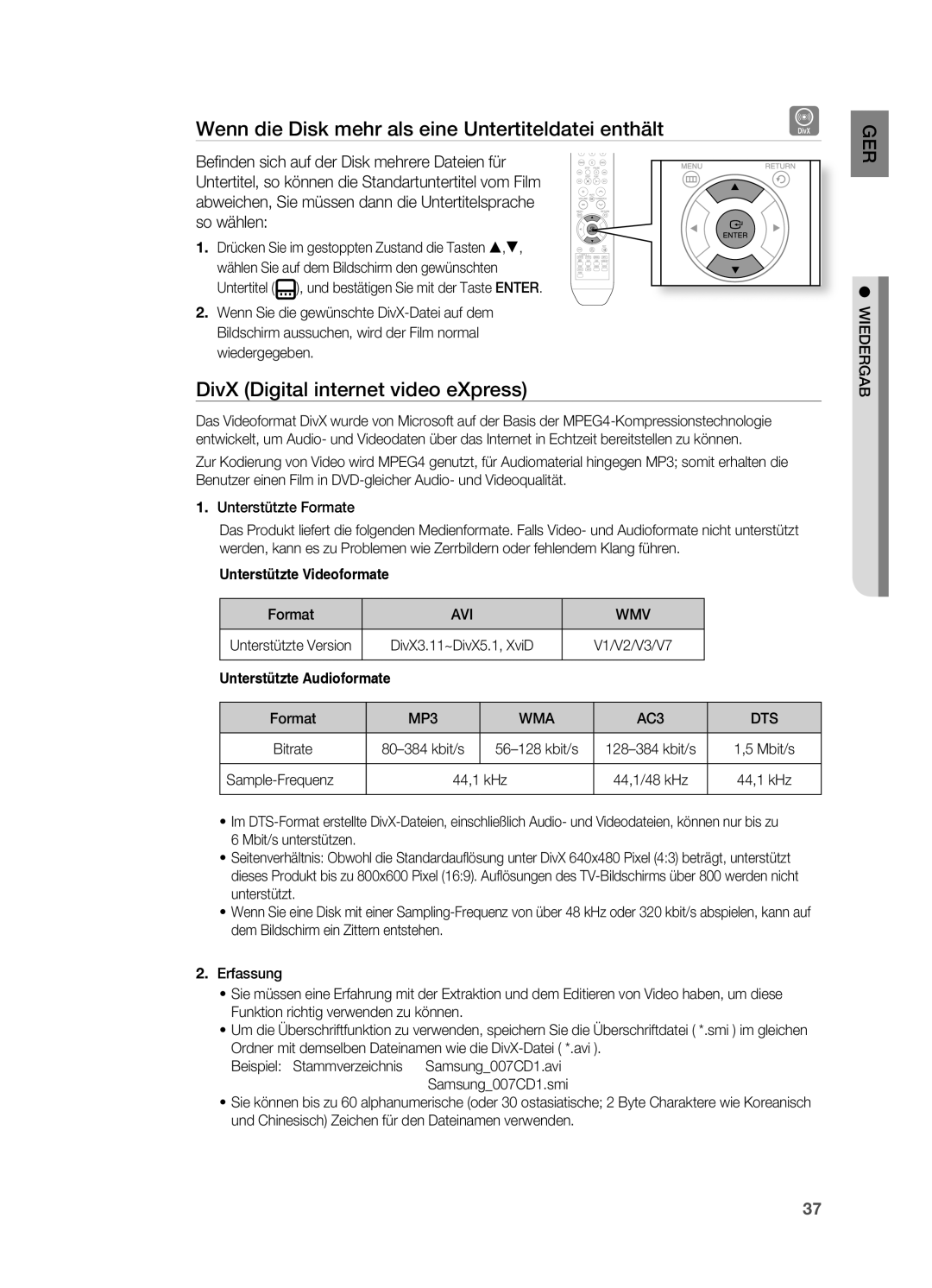 Samsung HT-Z310R/EDC Wenn die Disk mehr als eine Untertiteldatei enthält, DivX Digital internet video eXpress, Avi Wmv 