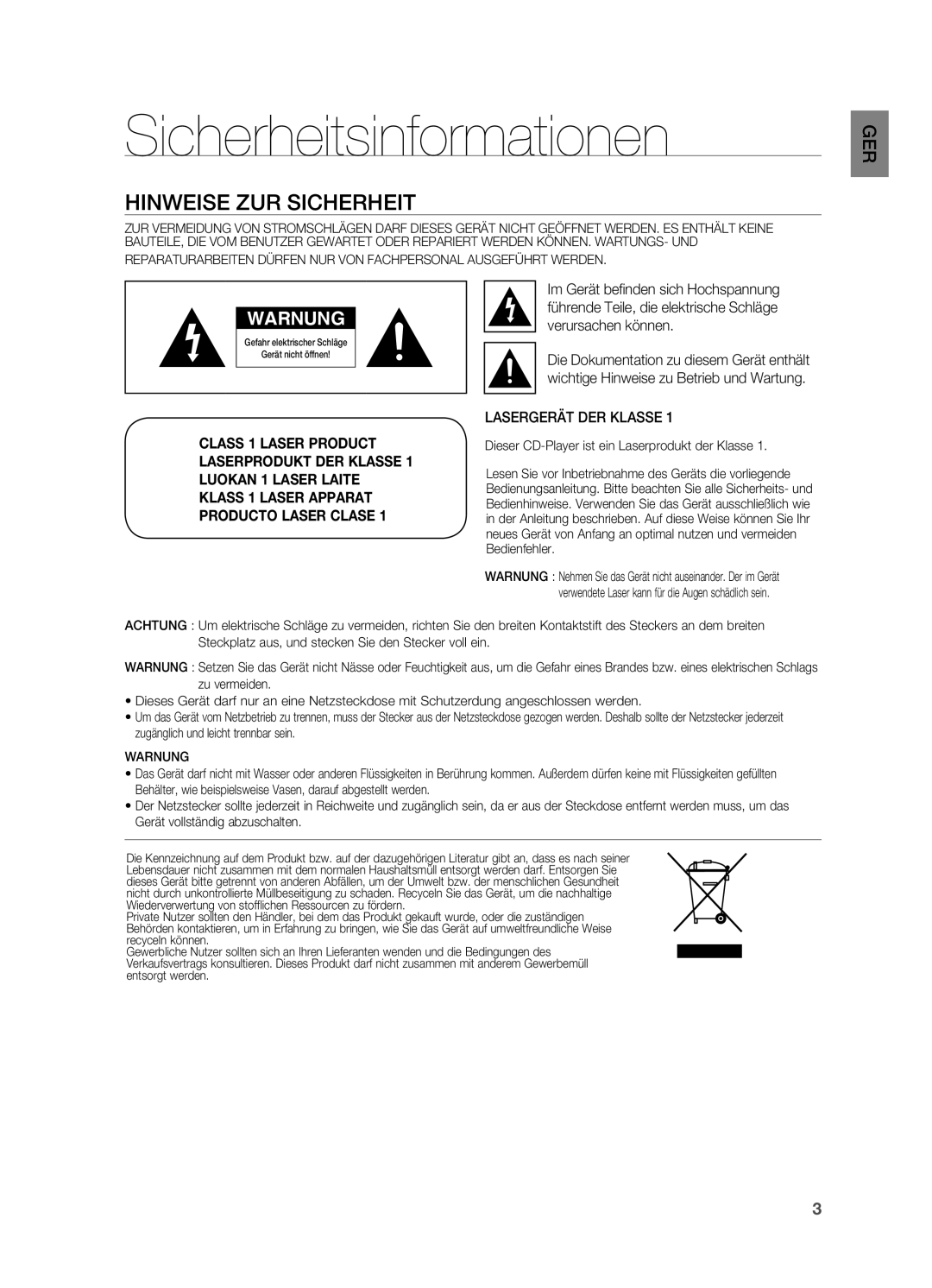 Samsung HT-Z210R/EDC, HT-TZ215T/ADL, HT-TZ212R/EDC Sicherheitsinformationen, Hinweise zur Sicherheit, Lasergerät DER Klasse 