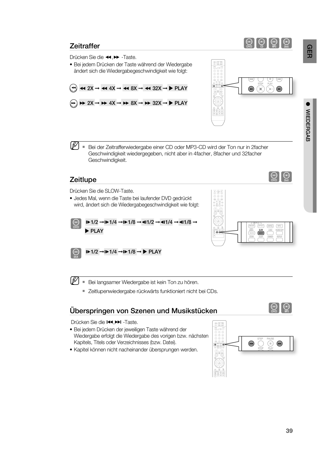 Samsung HT-Z210R/EDC, HT-TZ215T/ADL manual Zeitlupe, Überspringen von Szenen und Musikstücken, Drücken Sie die , -Taste 