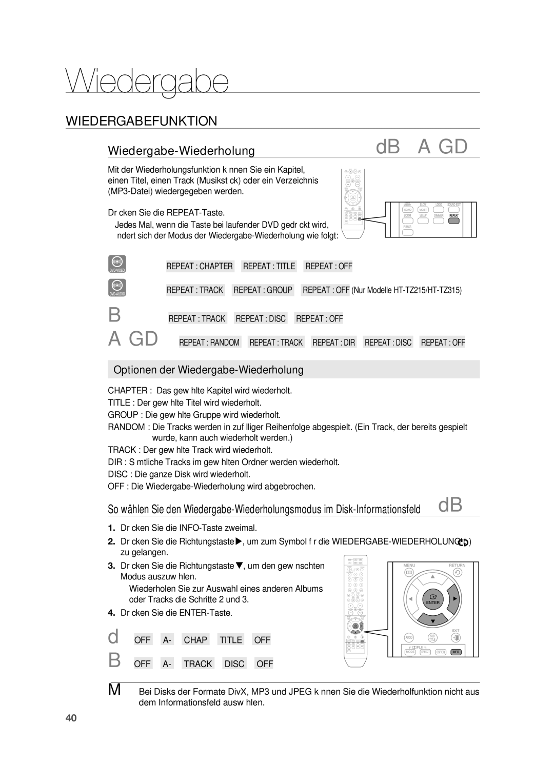 Samsung HT-TZ212R/XEF Wiedergabe-WiederholungdBAGD, Optionen der Wiedergabe-Wiederholung, Drücken Sie die REPEAT-Taste 