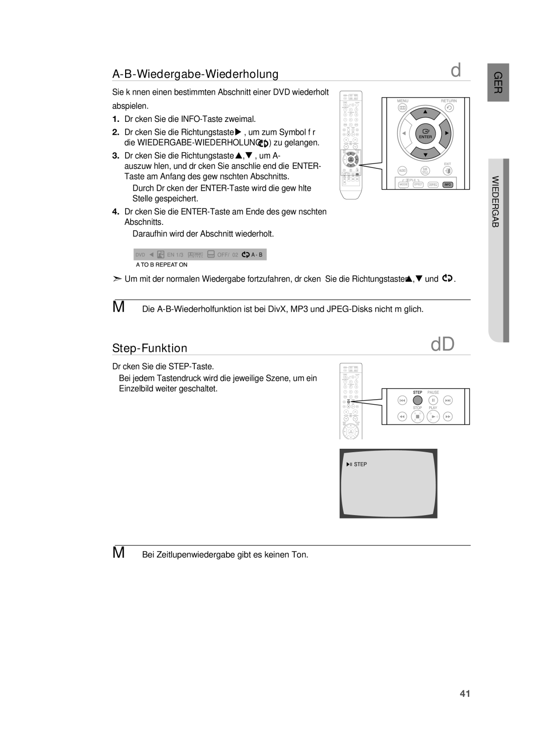 Samsung HT-Z310R/XEF, HT-TZ215T/ADL, HT-TZ212R/EDC, HT-Z310R/EDC, HT-TZ315T/ADL manual Wiedergabe-Wiederholung, Step-Funktion 