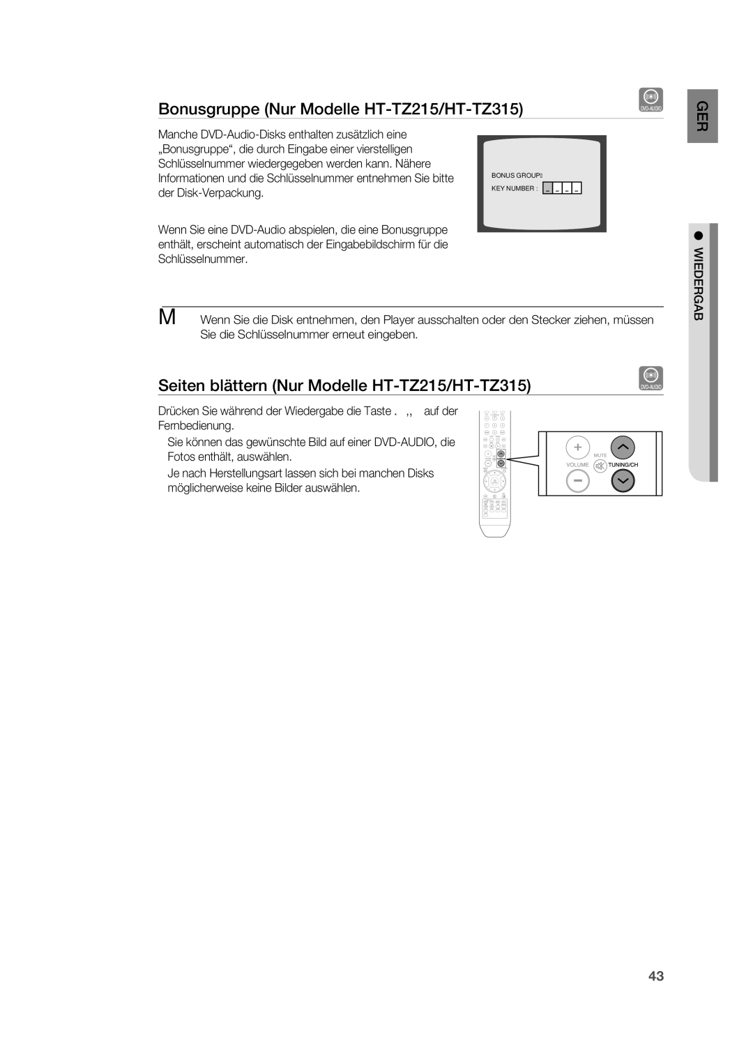 Samsung HT-TZ215R/XEF manual Bonusgruppe Nur Modelle HT-TZ215/HT-TZ315, Seiten blättern Nur Modelle HT-TZ215/HT-TZ315 