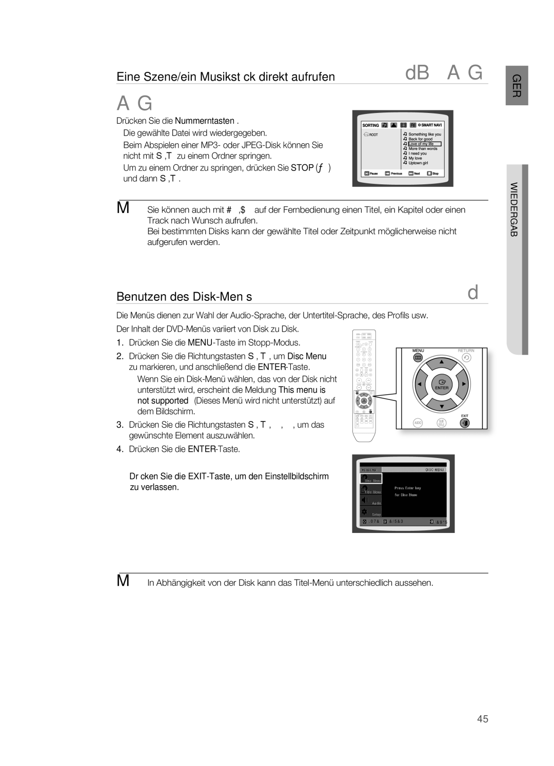 Samsung HT-TZ212R/EDC, HT-TZ215T/ADL, HT-Z310R/EDC, HT-TZ315T/ADL, HT-Z210R/EDC, HT-TZ212R/XEF manual Benutzen des Disk-Menüs 