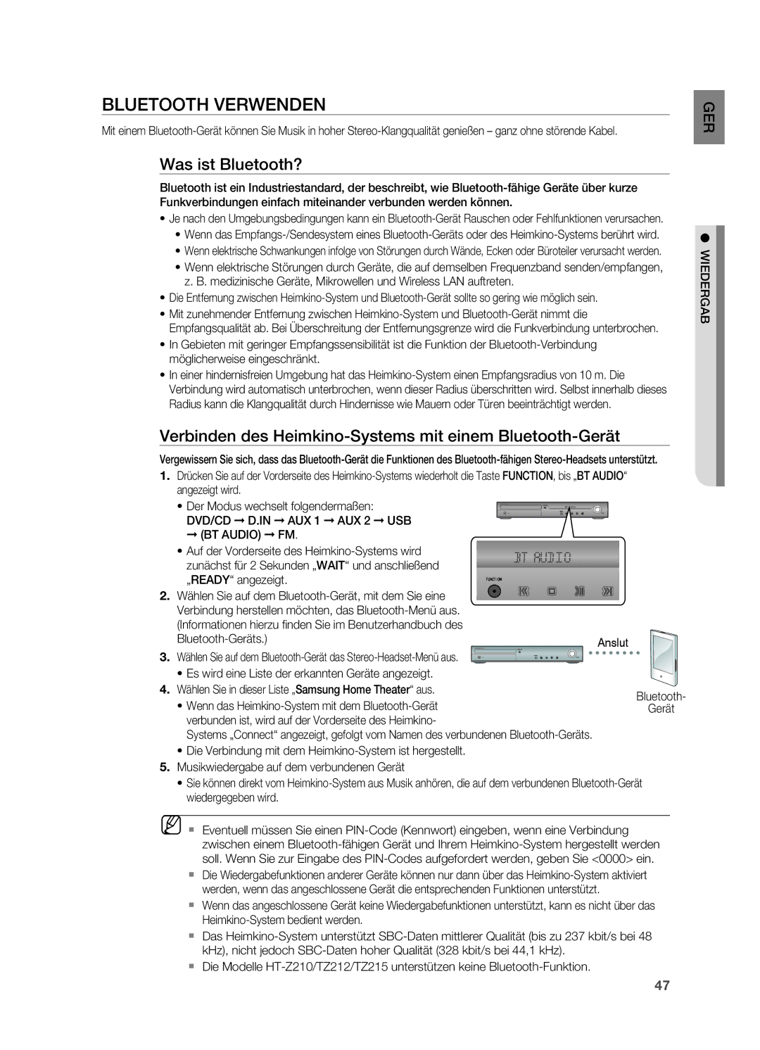 Samsung HT-TZ315T/ADL BLUETooTH Verwenden, Was ist Bluetooth?, Verbinden des Heimkino-Systems mit einem Bluetooth-Gerät 