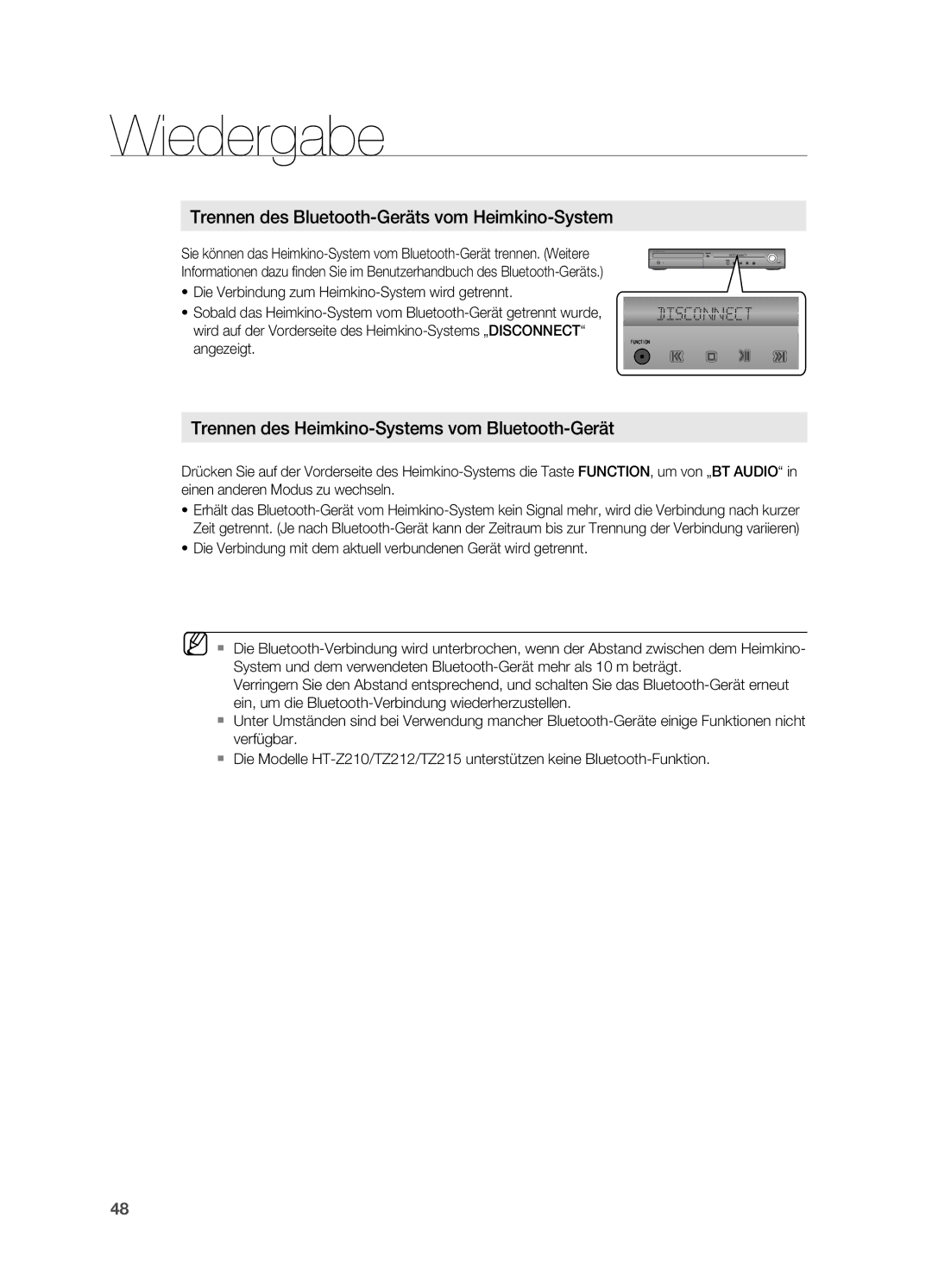 Samsung HT-Z210R/EDC Trennen des Bluetooth-Geräts vom Heimkino-System, Trennen des Heimkino-Systems vom Bluetooth-Gerät 