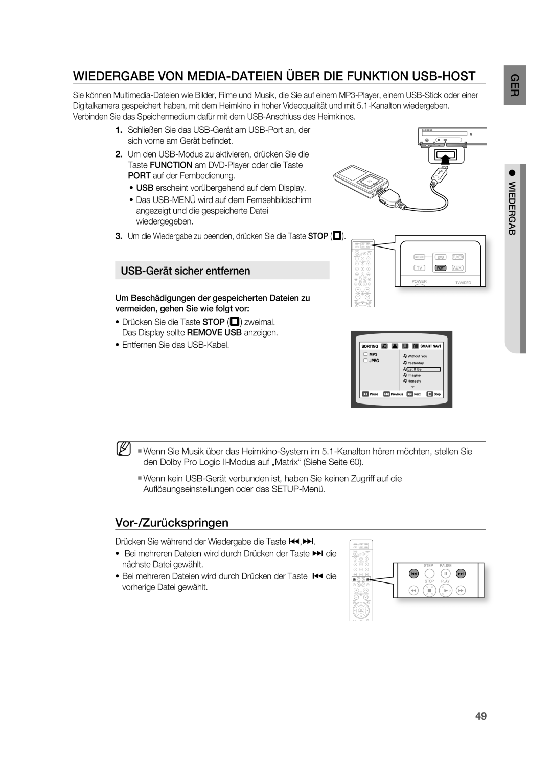 Samsung HT-TZ212R/XEF, HT-TZ215T/ADL Wiedergabe VoN MEDIA-DATEIEN üBER DIE FUNKTIoN USB-HoST, USB-Gerät sicher entfernen 