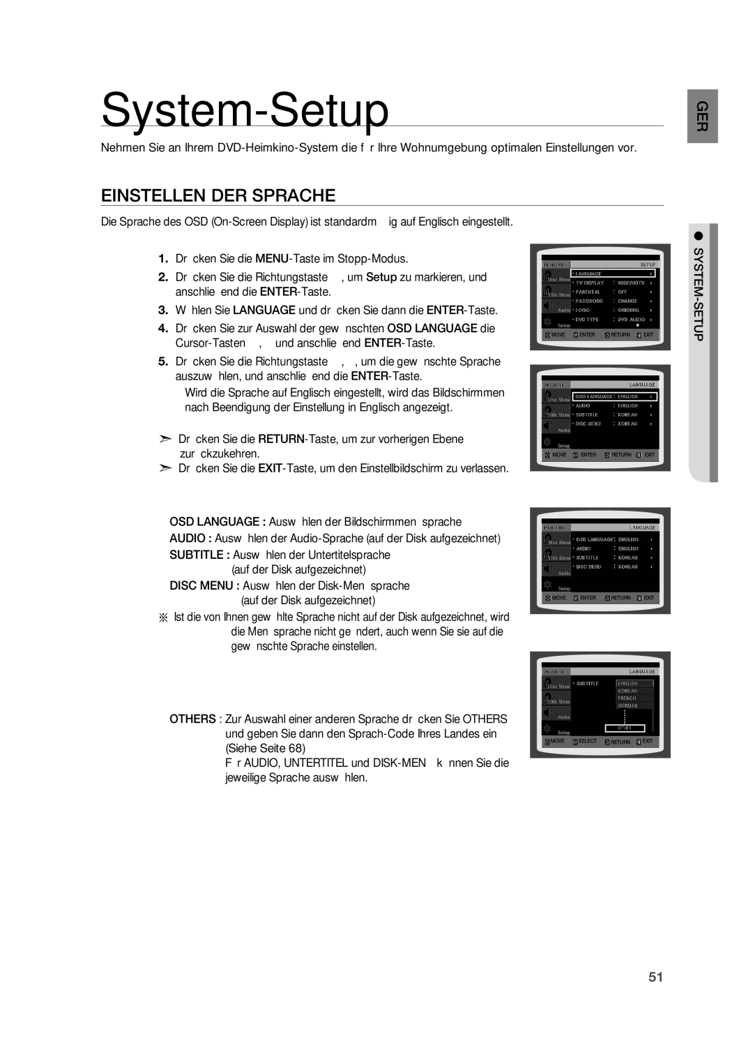 Samsung HT-Z210R/XEF, HT-TZ215T/ADL, HT-TZ212R/EDC, HT-Z310R/EDC, HT-TZ315T/ADL manual System-Setup, Einstellen der Sprache 