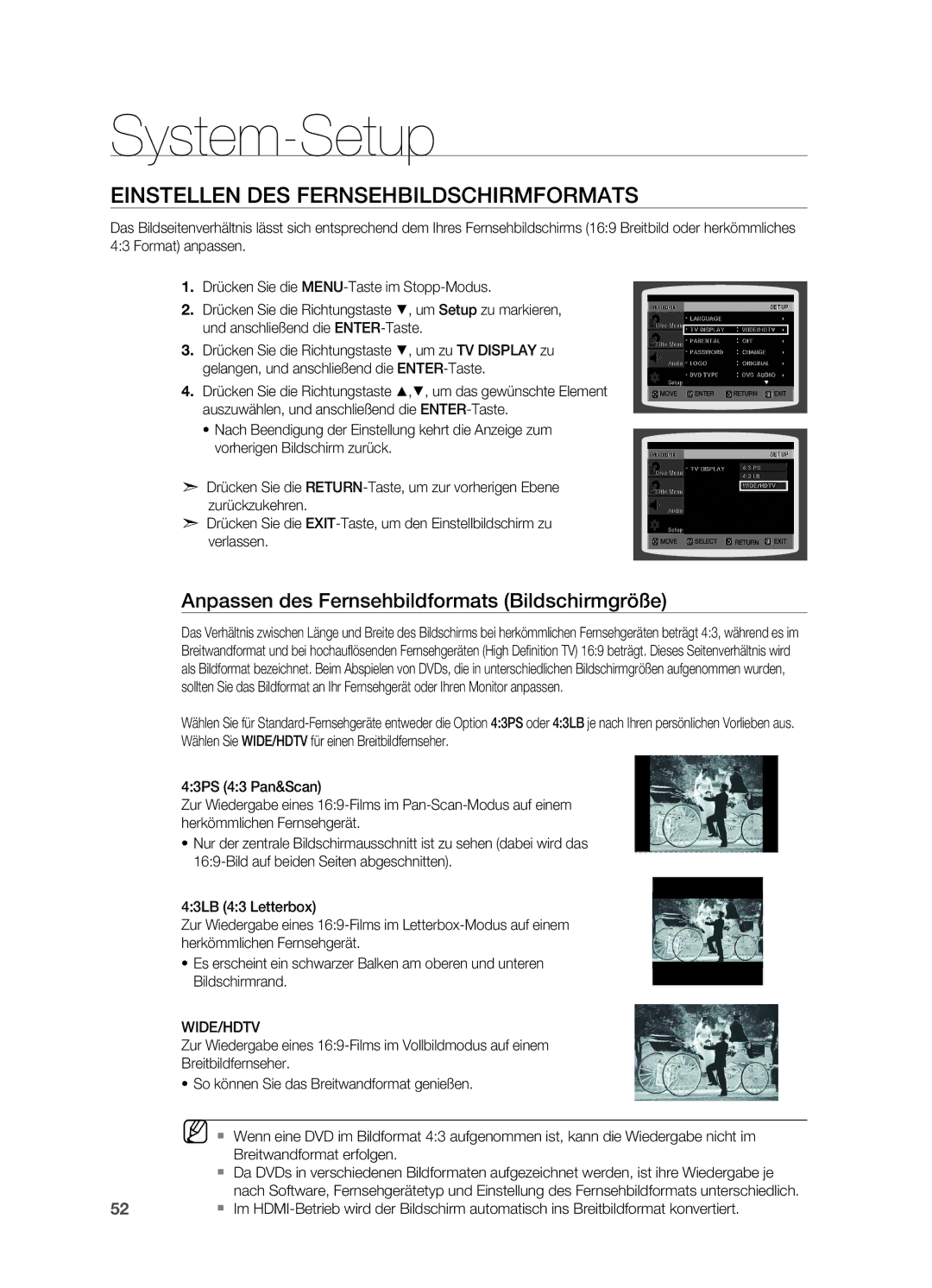 Samsung HT-TZ215R/XEF Einstellen des Fernsehbildschirmformats, Anpassen des Fernsehbildformats Bildschirmgröße, Wide/Hdtv 